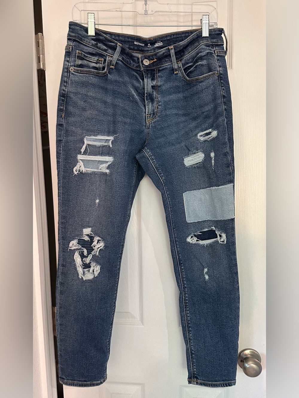 Old Navy Rockstar • Mid-Rise • Super Skinny • Distressed Patch Jeans • Size 12 P
